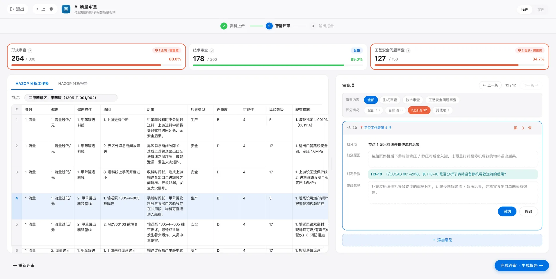 HAZOP 审查智能体产品界面示意：展示 HAZOP 分析工作表、审查评分与问题整改意见